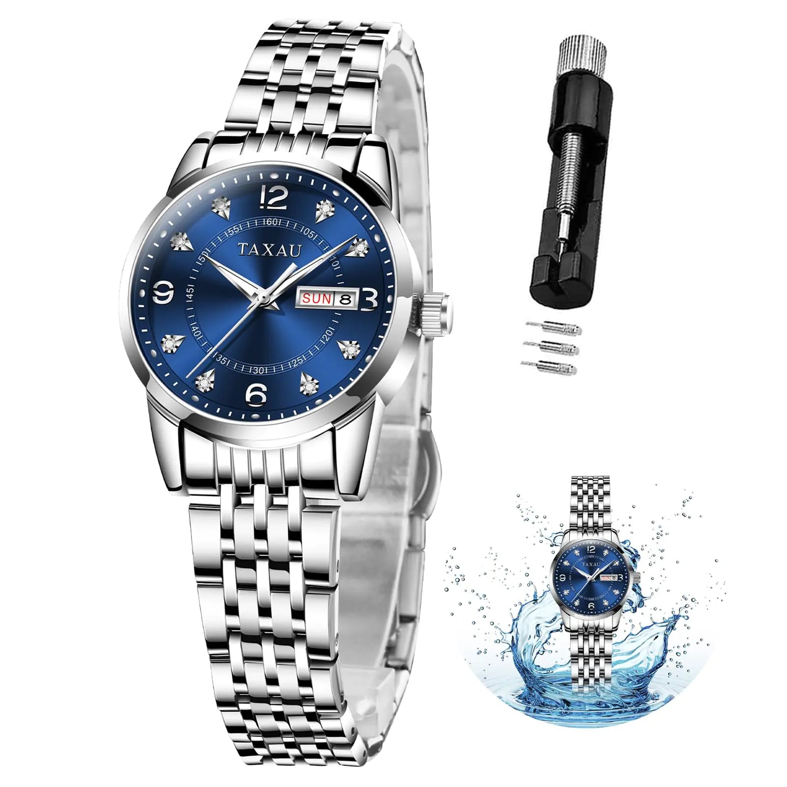TAXAU Women’s Quartz Watch – Blue Dial, Stainless Steel, Waterproof