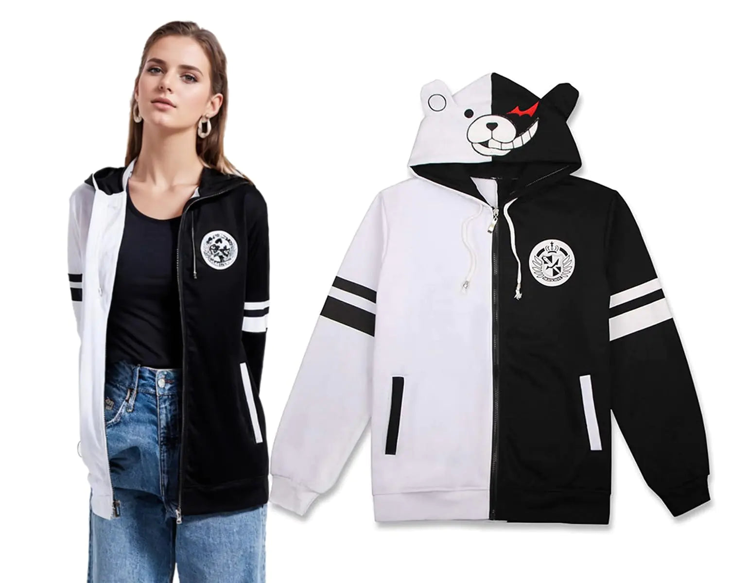 Monochrome Bear Zip Hoodie - Anime Cosplay